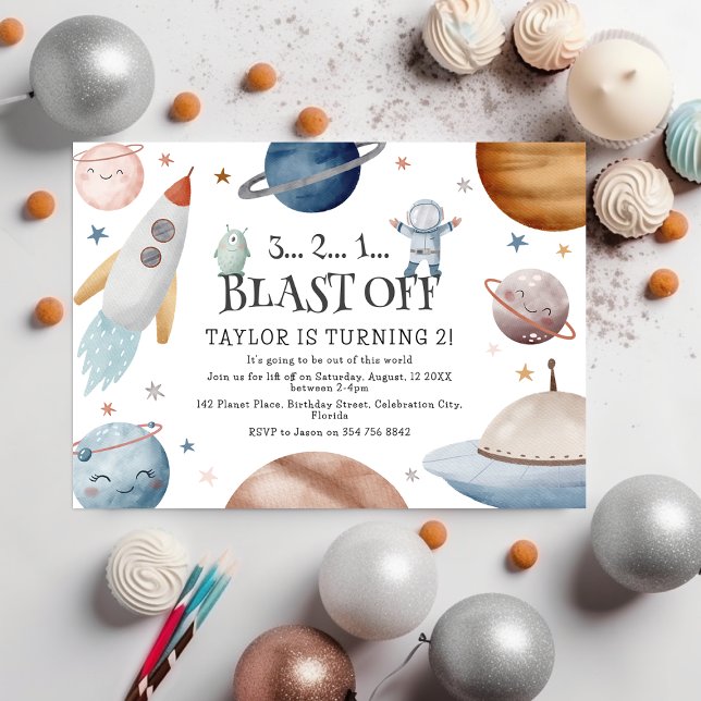 Invitation Enfants Aquarelle Espace extra-atmosphérique Anniv (Créateur téléchargé)
