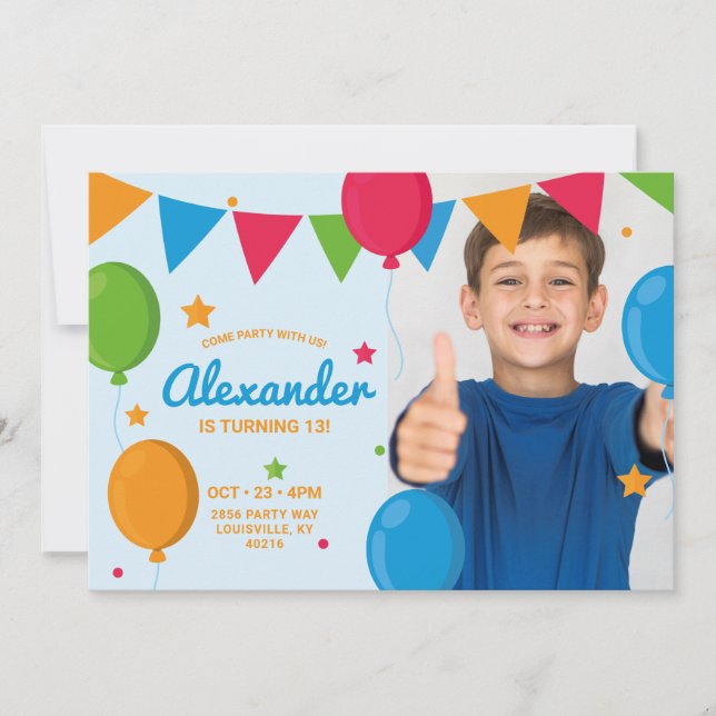 Invitation Enfants Balloon Stars Photo Anniversaire Fête Invi (Devant)