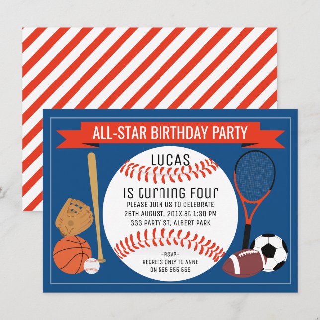 Invitation Enfants Baseball Sports Anniversaire Fête Invitati (Devant / Derrière)