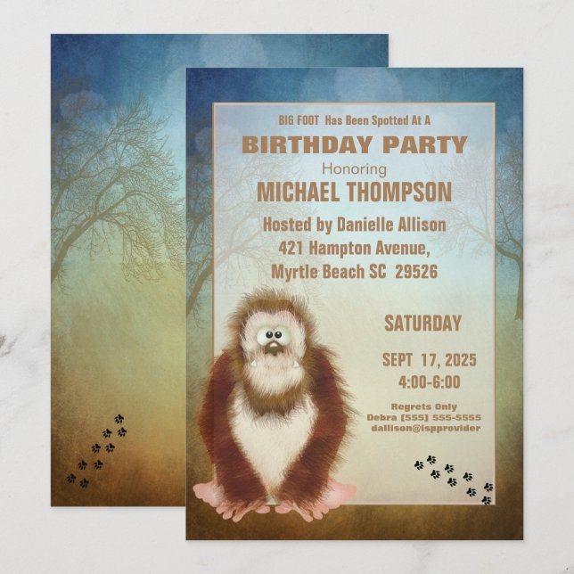 Invitation Enfants Big Foot / Sasquatatard fête d'anniversair (Devant / Derrière)