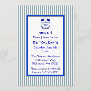 Invitation Enfants Bleu & Blanc Stripe mignonne Horloge Anniv