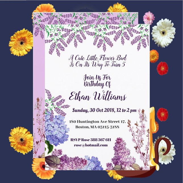 Invitation Enfants Bleu Doux Pastel Bud Lilac Hydrangea Anniv (Kids Soft Blue Pastel Bud Lilac Hydrangea Birthday Invitation)