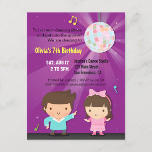 Invitation Enfants boule disco groove danse fête d'anniversai