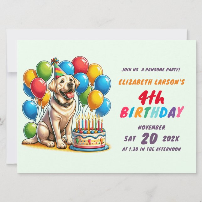 Invitation Enfants Coloré Labrador Thème Anniversaire (Devant)