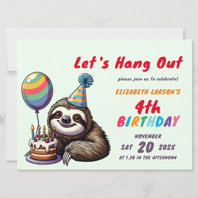 Invitation Enfants Coloré Sloth Thème Anniversaire Fête (Devant)