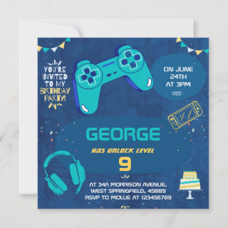 Invitation Enfants Cool Blue Vidéo Jeu Anniversaire de enfant