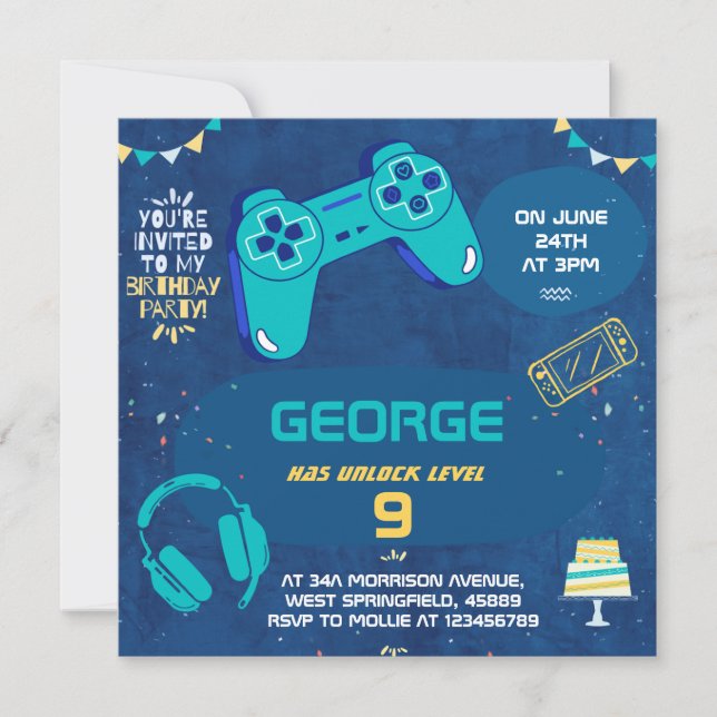 Invitation Enfants Cool Blue Vidéo Jeu Anniversaire de enfant (Devant)