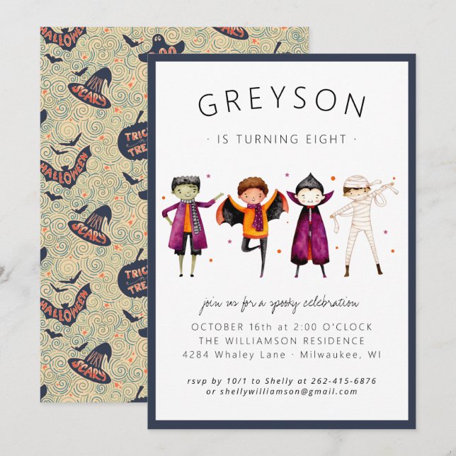 Invitation Enfants Costume Halloween Anniversaire Fête Invita (Devant / Derrière)