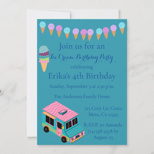 Invitation Enfants Crème de glace Camion Anniversaire Fête In (Devant)