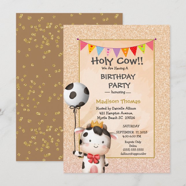 Invitation Enfants Cute Cow Girls Parties scintillant Anniver (Devant / Derrière)