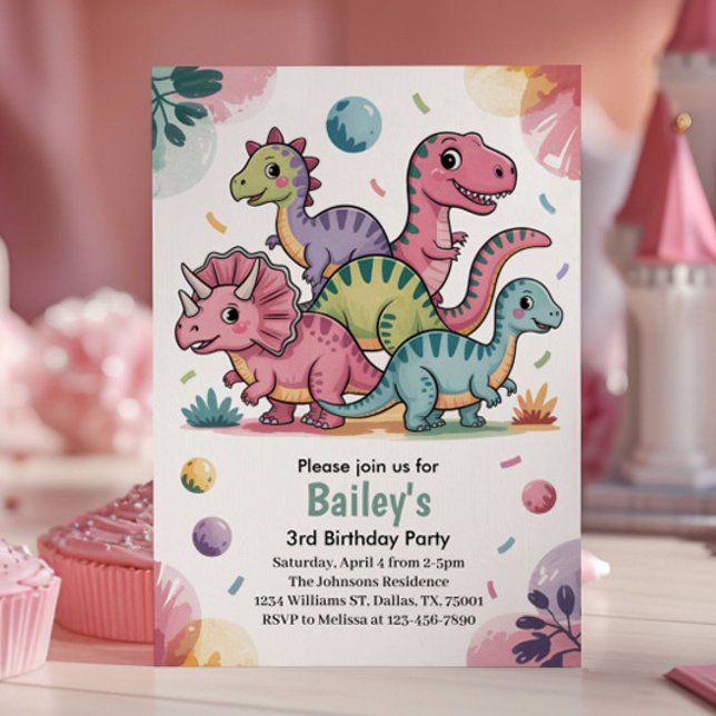 Invitation Enfants Cute Pink Dinosaur 3e fête d'anniversaire (Créateur téléchargé)