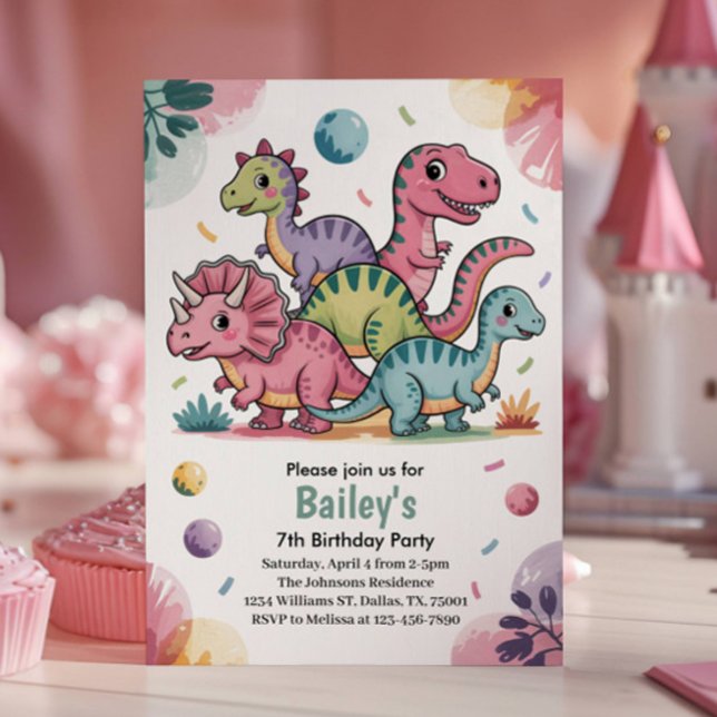 Invitation Enfants Cute Pink Dinosaur 7e fête d'anniversaire (Créateur téléchargé)