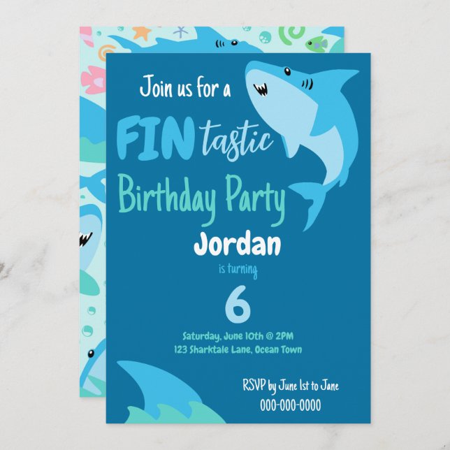 Invitation Enfants D'Anniversaire Du Requin En Mer (Devant / Derrière)
