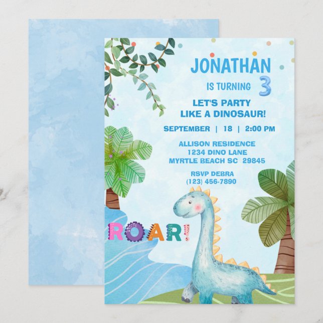 Invitation Enfants Dinosaur T Rex fête d'anniversaire (Devant / Derrière)