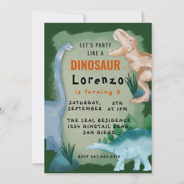Invitation Enfants Dinosaur Thème Anniversaire Fête (Devant)