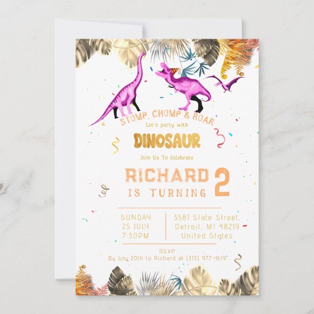 Invitation Enfants Dinosaure coloré thème Anniversaire fête (Devant)