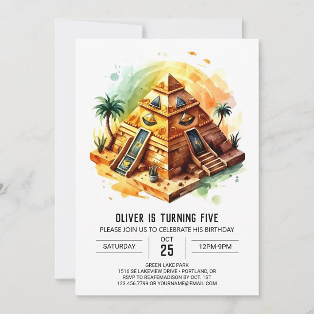 Invitation Enfants égyptien Pyramides d'or Anniversaire (Devant)