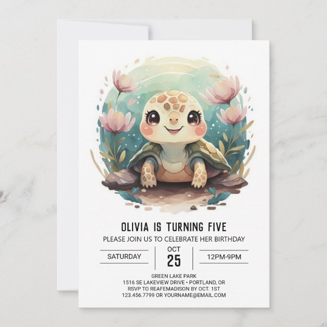 Invitation Enfants Élégants Turtle Girl Anniversaire (Devant)
