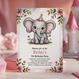 Invitation Enfants Éléphant Rose Mignon 7ème Fête d'Anniversa