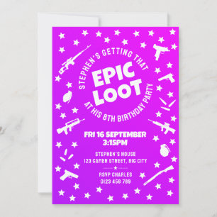 Invitation Enfants Epic Loot Purple Gamer Anniversaire