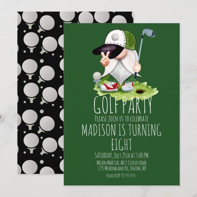 Invitation Enfants Golf Balls Gnome Anniversaire (Devant / Derrière)