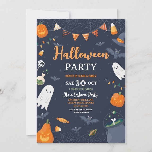 Invitation Enfants Halloween Citrouilles de fête Fantômes cha (Devant)