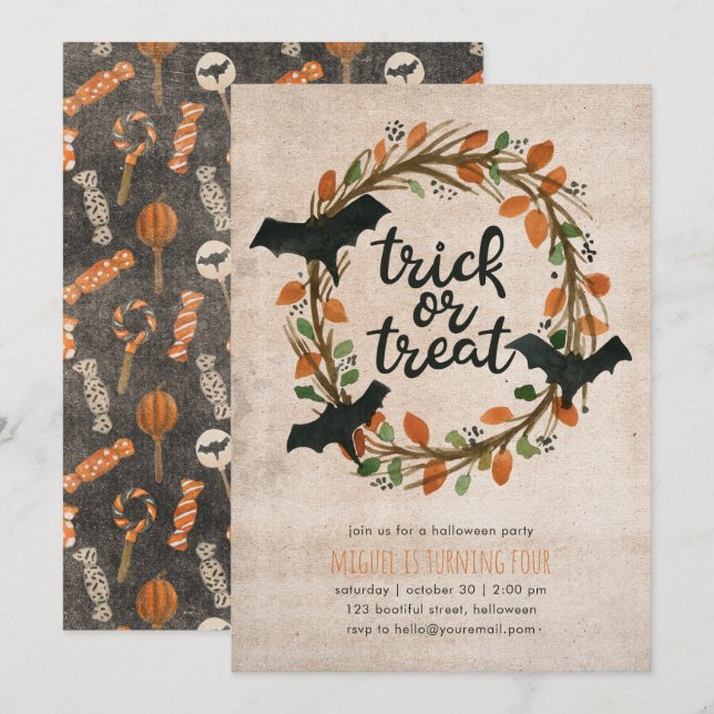 Invitation Enfants Halloween Fête d'anniversaire Trick Treat  (Devant / Derrière)