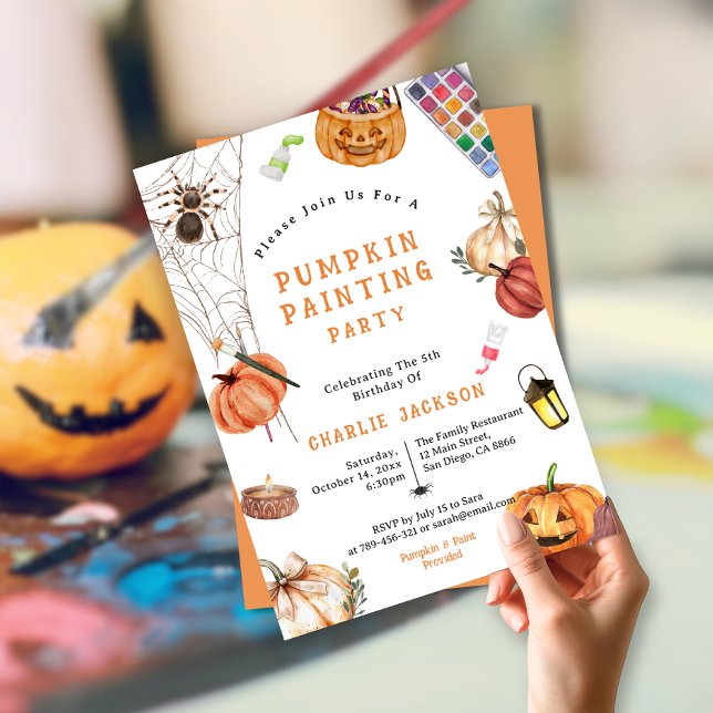 Invitation Enfants Halloween Peinture Citrouille Anniversaire (Kids Halloween Pumpkin Painting Birthday Party Invitation)