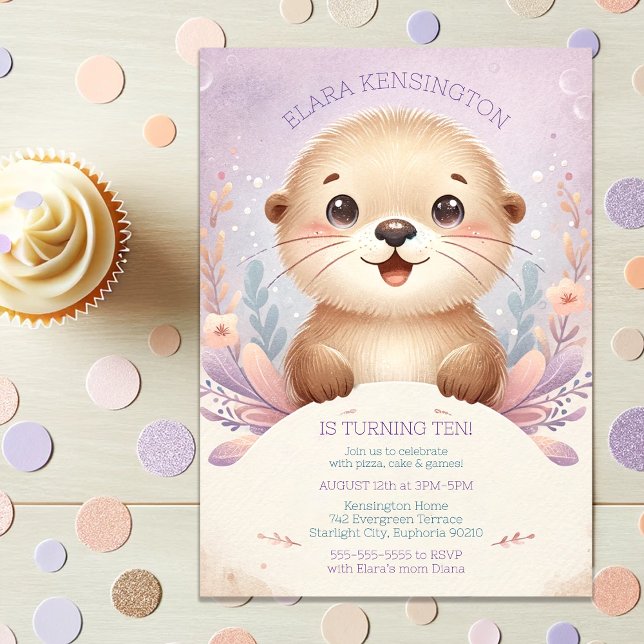 Invitation Enfants Lilac Sea Otter mignonne fête d'anniversai (Children's Lilac Sea Otter Cute Birthday Party Invitation
)