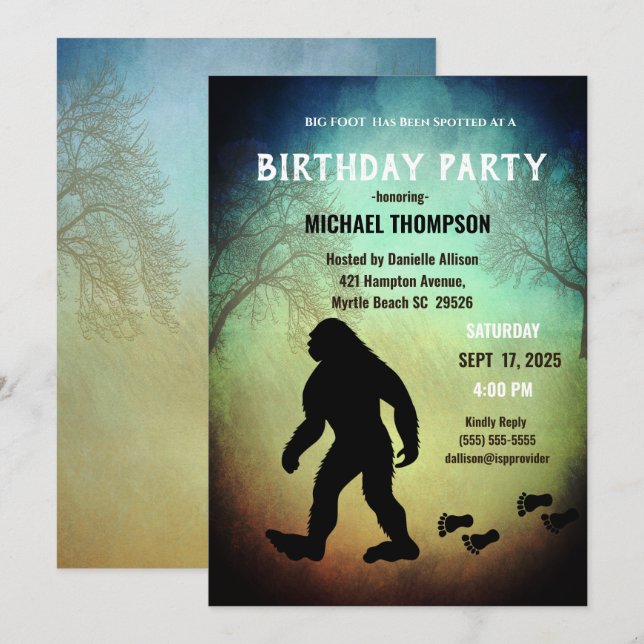 Invitation Enfants mignonne Big Foot / Sasquatatch Anniversai (Devant / Derrière)