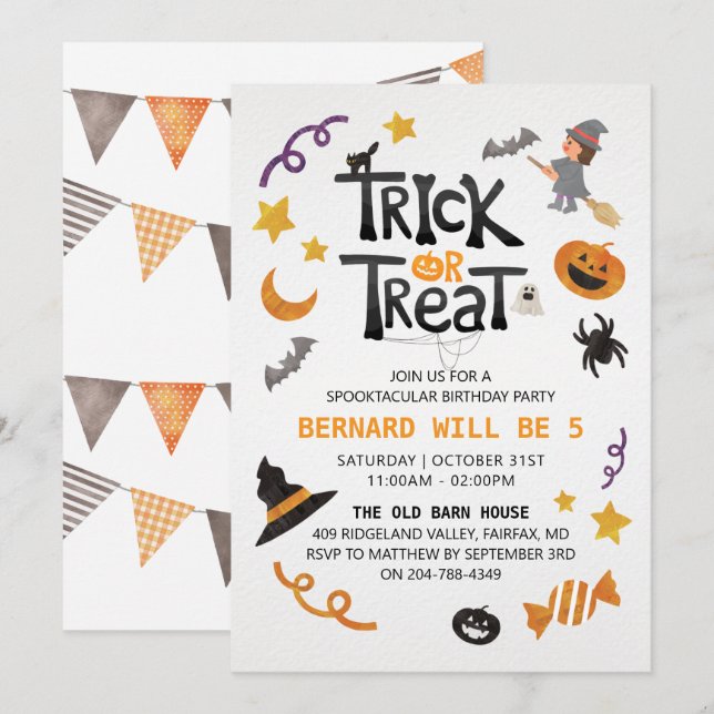 Invitation Enfants mignons Halloween Anniversaire Fête Invita (Devant / Derrière)