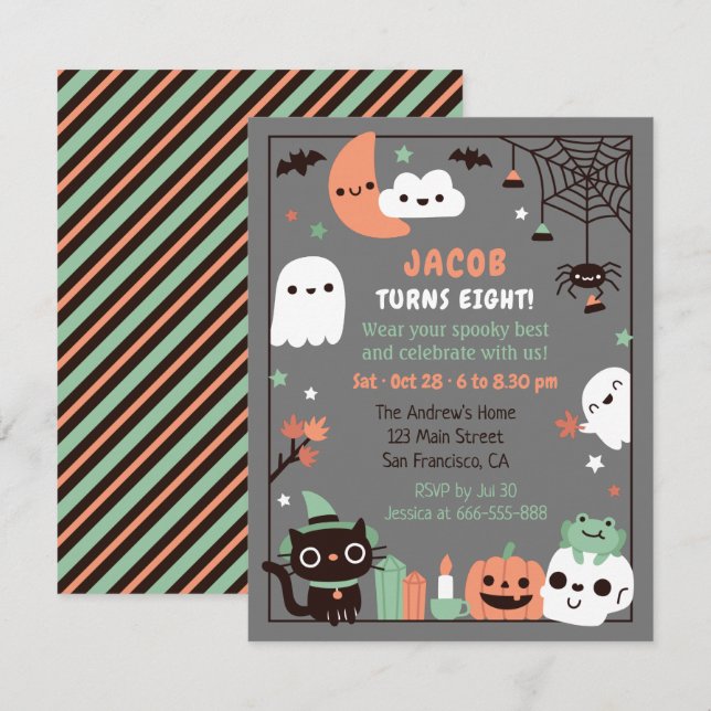 Invitation Enfants mignons Halloween fête d'anniversaire Gris (Devant / Derrière)