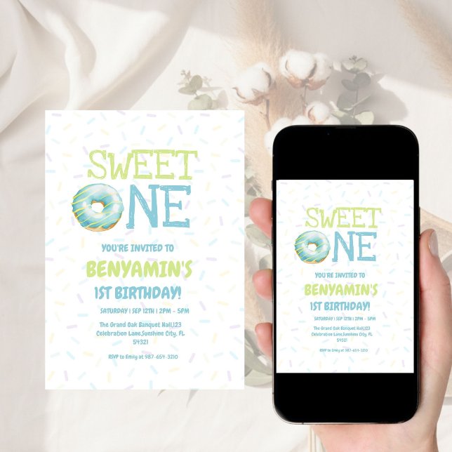 Invitation Enfants mignons Premier gâteau donut pour le premi (Créateur téléchargé)