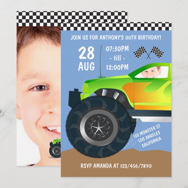 Invitation Enfants Monster Truck Birthday Party ajouter photo (Devant / Derrière)