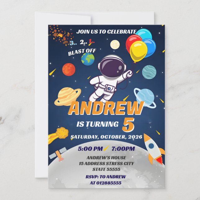 Invitation Enfants Personnalisés Espace Extérieur Galaxie Feu (Devant)
