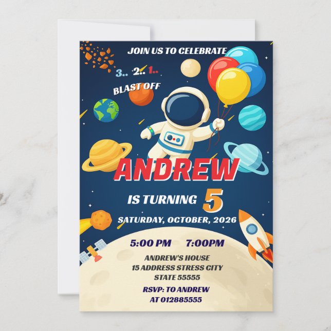 Invitation Enfants Personnalisés Espace Extérieur Galaxie Feu (Devant)