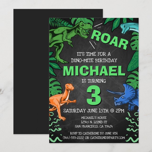 Invitation Enfants personnalisés Trois Dinosaures fête d'anni (Devant / Derrière)