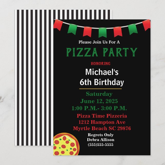 Invitation Enfants Pizza fête d'anniversaire (Devant / Derrière)