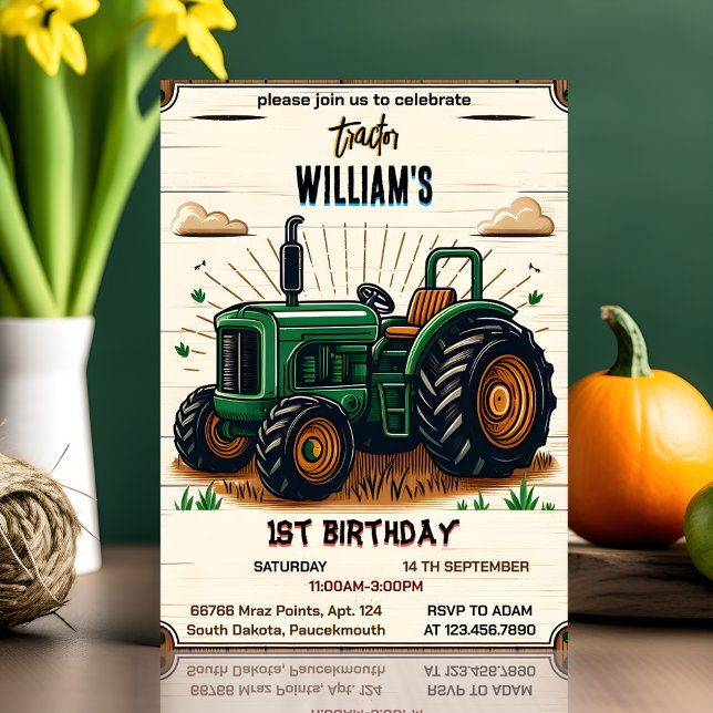 Invitation Enfants retro garçon tracteur cool premier 1er ann (Créateur téléchargé)