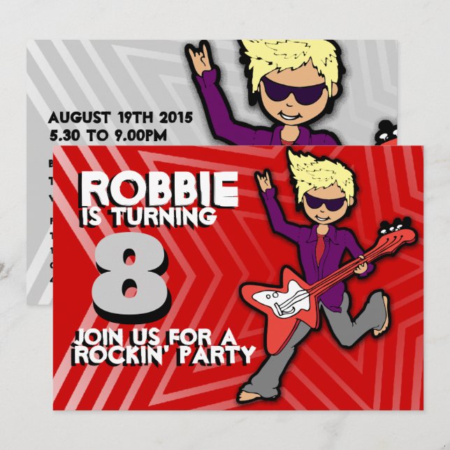 Invitation Enfants rockstar garçon 8e anniversaire rouge gris (Devant / Derrière)
