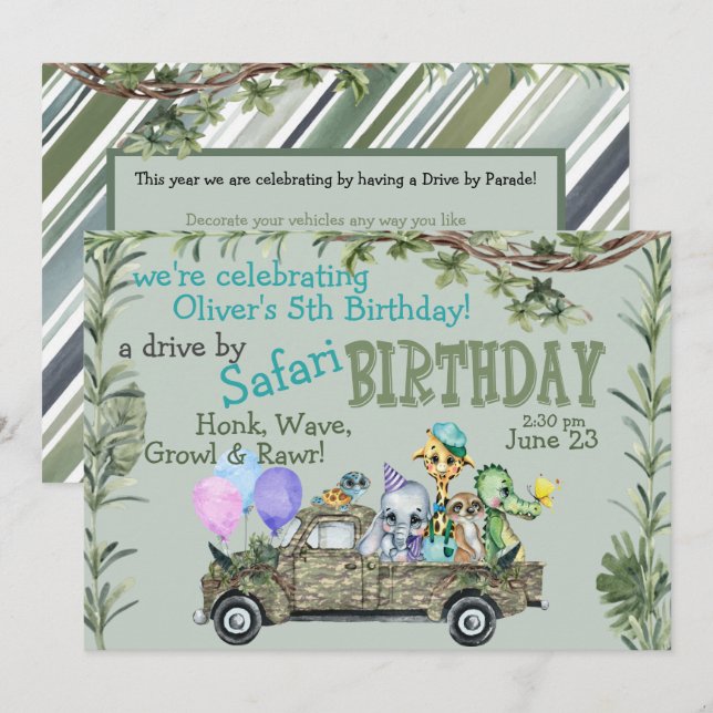 Invitation Enfants Safari Joyeux Anniversaire Parade Invitati (Devant / Derrière)