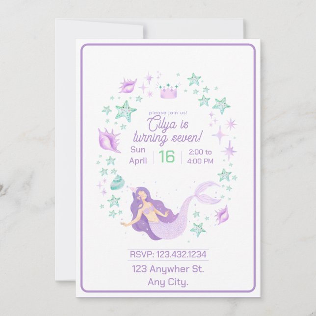 Invitation Enfants Sirène Anniversaire Splash (Devant)