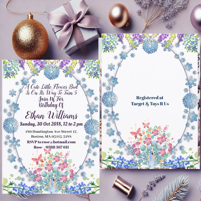 Invitation Enfants Soft Oval Bleu Petit Boule Fleur Anniversa (Kids Soft Oval Blue Little Flower Bud Birthday Invitation)