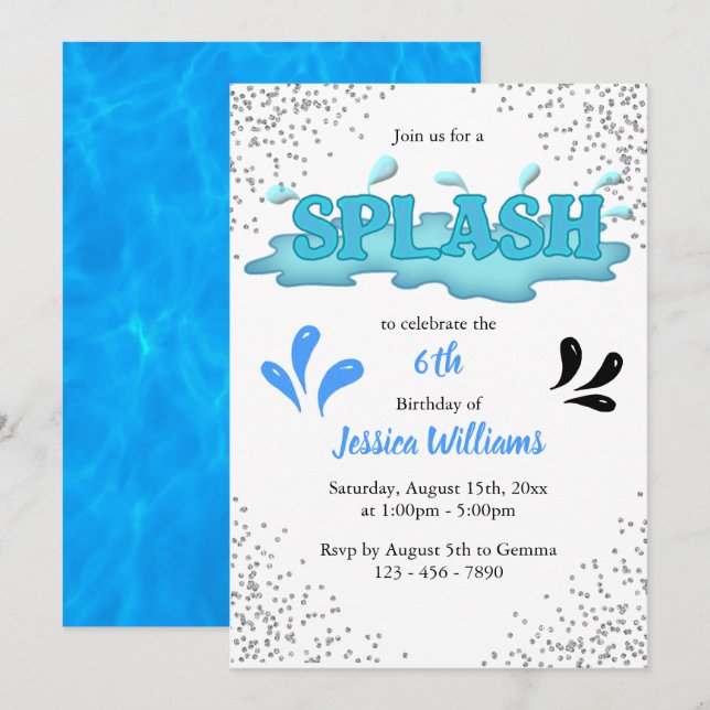 Invitation Enfants "Splash" Pool Party 6e anniversaire (Devant / Derrière)