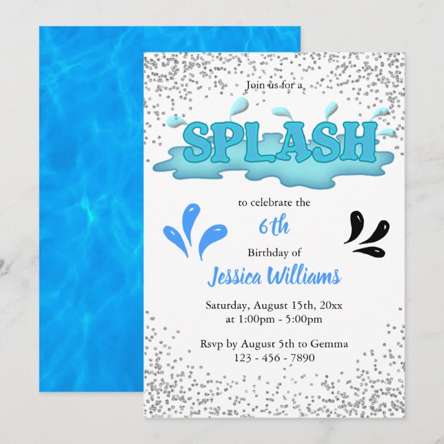 Invitation Enfants "Splash" Pool Party 6e anniversaire (Devant / Derrière)