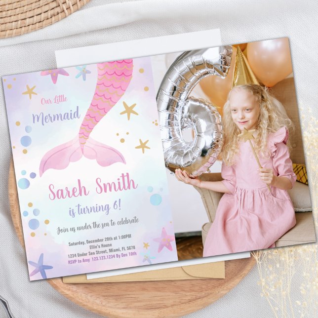 Invitation Enfants sur mesure sous l'Invitation de la fête ma (Pink Mermaid Birthday Invitations with photo)