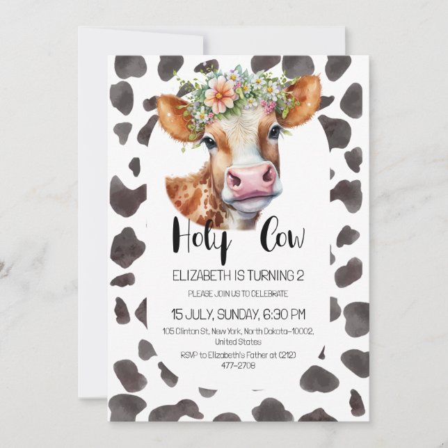 Invitation Enfants Vache Saint Anniversaire Fête Animaux de f (Devant)
