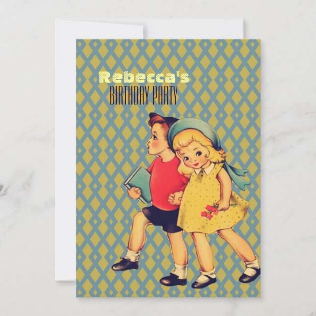 Invitation enfants vintages mignons fête d'anniversaire (Devant)