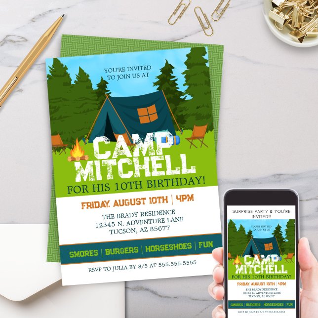 Invitation Enfants Woodland Jardin Camp Out Anniversaire (Fun Outdoors Adventure Kids Woodland Camp Out Birthday Party Invitation for Boys or Girls )