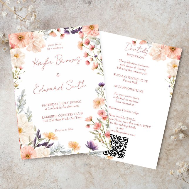 Invitation Enfiler des fleurs sauvages de boho pastel tout en (Peach pastel boho wildflowers all in one wedding invitation editable template digital download)
